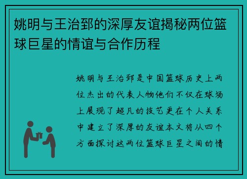 姚明与王治郅的深厚友谊揭秘两位篮球巨星的情谊与合作历程